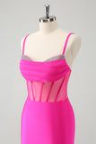 Glitter Fuchsia Spaghetti Straps Tight Corset Homecoming Dress with Beading