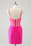 Glitter Fuchsia Spaghetti Straps Tight Corset Homecoming Dress with Beading