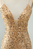 Sparkly Golden Bodycon Spaghetti Strap Short Homecoming Dress with Sequins