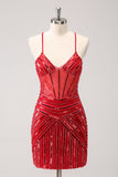 Sparkly Red Spaghetti Straps Sequin Short Tight Homecoming Dress