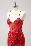 Sparkly Red Spaghetti Straps Sequin Short Tight Homecoming Dress