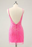 Spaghetti Straps Fuchsia Bodycon Homecoming Dress with Sequins