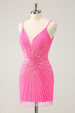 Spaghetti Straps Fuchsia Bodycon Homecoming Dress with Sequins