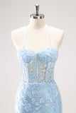 Blue Spaghetti Straps Corset Applique Tight Homecoming Dress with Sequins