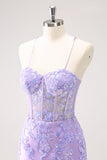 Blue Spaghetti Straps Corset Applique Tight Homecoming Dress with Sequins