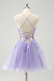 Cute Glitter Lilac A Line Sequins Short Lace Up Back Homecoming Dress with Appliques