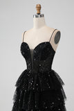 Sparkly Black Spaghetti Straps Tiered Homecoming Dress with Sequins