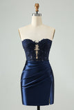 Sparkly Navy Bodycon Strapless Hollow Out Homecoming Dress with Lace