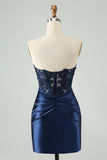 Sparkly Navy Bodycon Strapless Hollow Out Homecoming Dress with Slit