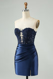 Sparkly Navy Bodycon Strapless Hollow Out Homecoming Dress with Lace