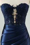 Sparkly Navy Bodycon Strapless Hollow Out Homecoming Dress with Lace