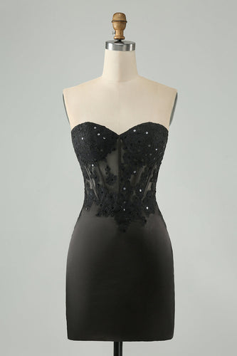 Sparkly Black Bodycon Sweetheart Corset Homecoming Dress with Appliques