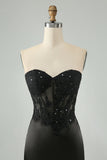 Sparkly Black Bodycon Sweetheart Corset Homecoming Dress with Appliques