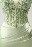 Glitter Green Spaghetti Straps Beaded Appliques Tight Corset Homecoming Dress