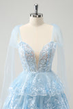 Glitter Blue A Line Embroidery Tiered Homecoming Dress with Appliques