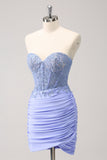 Lilac Strapless Corset Pleated Tight Homecoming Dress with Appliques