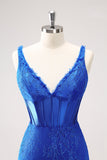 Royal Blue Bodycon V-Neck Short Homecoming Dress with Lace Up Back