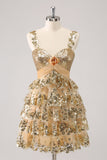 Golden A-Line Spaghetti Straps Sequined Homecoming Dress with Flower