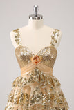 Golden A-Line Spaghetti Straps Sequined Homecoming Dress with Flower