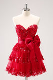 Sparkly Red A-Line Strapless Tiered Sequins Homecoming Dress with Bow