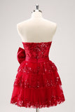 Sparkly Red A-Line Strapless Tiered Sequins Homecoming Dress with Bow