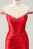 Glitter Red Beaded Off the Shoulder Satin Tight Homecoming Dress