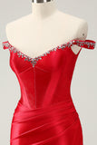 Glitter Red Beaded Off the Shoulder Satin Tight Homecoming Dress