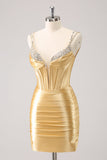 Golden Spaghetti Straps Bodycon Homecoming Dress with Sequins