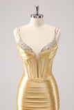 Golden Spaghetti Straps Bodycon Homecoming Dress with Sequins