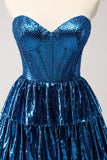 Peacock Blue A Line Strapless Corset Tiered Short Homecoming Dress