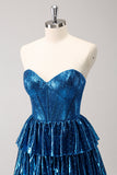 Peacock Blue A Line Strapless Corset Tiered Short Homecoming Dress