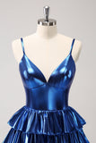 Ink Blue Spaghetti Straps A Line Tiered Short Homecoming Dress