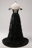 Sparkly Black Silver A Line Off The Shoulder Corset Tiered Prom Dress with Beading