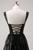 Sparkly Black Silver A Line Off The Shoulder Corset Tiered Prom Dress with Beading