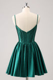 Dark Green A-Line Spaghetti Straps Corset Pleated Homecoming Dress