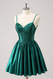 Dark Green A-Line Spaghetti Straps Corset Pleated Homecoming Dress