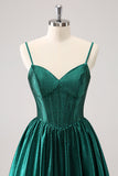 Dark Green A-Line Spaghetti Straps Corset Pleated Homecoming Dress