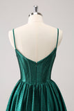 Dark Green A-Line Spaghetti Straps Corset Pleated Homecoming Dress