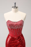 Sparkly Red Strapless Corset Sequined Beaded Tight Homecoming Dress with Slit