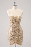 Sparkly Golden Spaghetti Straps Bodycon Homecoming Dress with Sequins