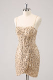 Sparkly Golden Spaghetti Straps Bodycon Homecoming Dress with Sequins