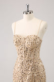 Sparkly Golden Spaghetti Straps Bodycon Homecoming Dress with Sequins