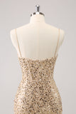 Sparkly Golden Spaghetti Straps Bodycon Homecoming Dress with Sequins