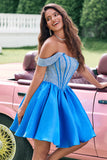 Sparkly Blue A Line Off the Shoulder Satin Ruffle Homecoming Dress with Beading