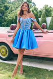 Sparkly Blue A Line Off the Shoulder Satin Ruffle Homecoming Dress with Beading