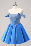 Sparkly Blue A-Line Off the Shoulder Beaded Satin Homecoming Dress