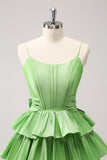 Cute A Line Corset Green Pleated Tiered Short Homecoming Dress with Bows