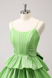 Cute A Line Corset Green Pleated Tiered Short Homecoming Dress with Bows