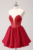 Cute Red A Line Strapless Ruffle Short Homecoming Dress with Beading