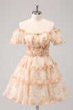 Yellow A-Line Ruffled Tulle Floral Print Homecoming Dress